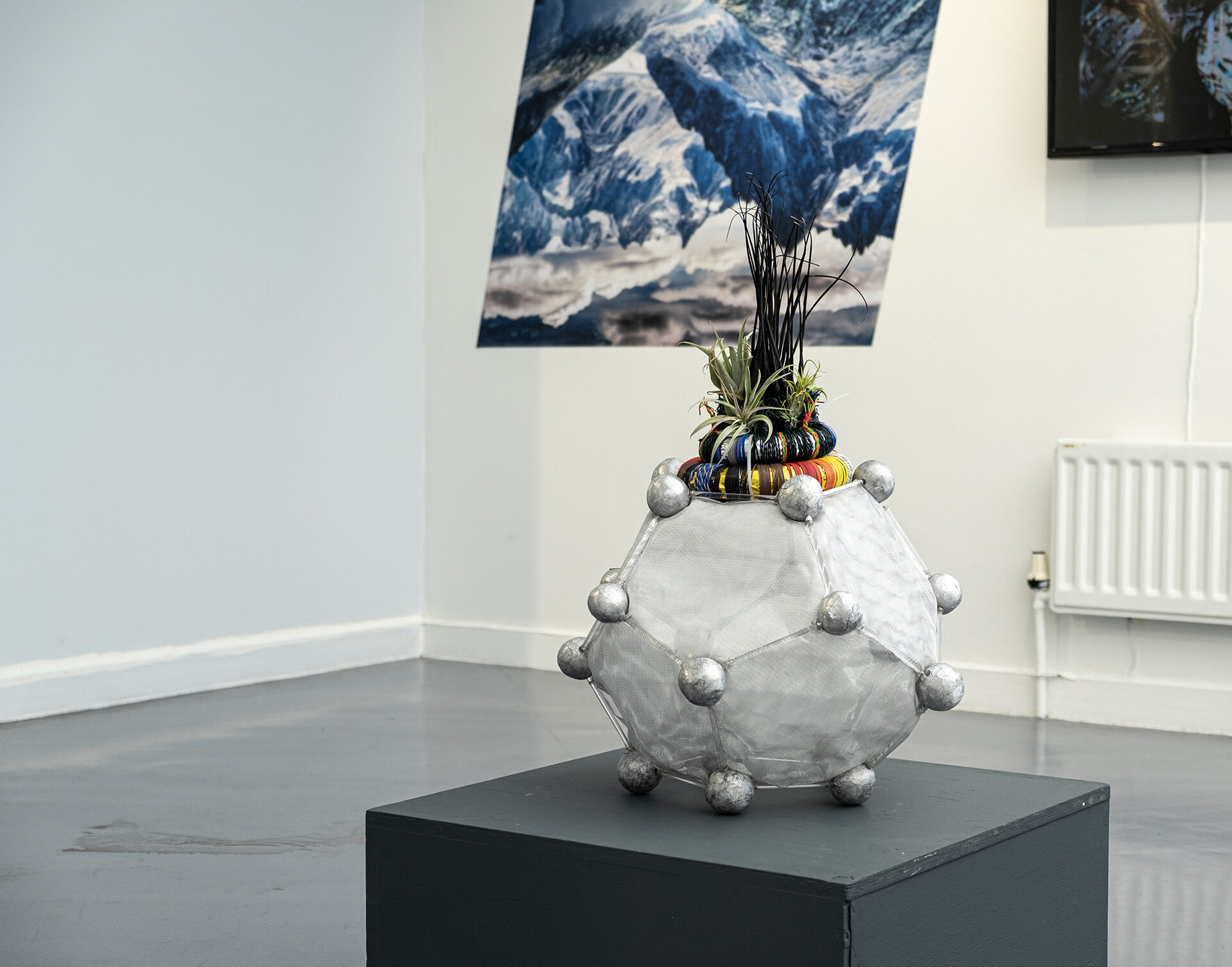 Méadhbh O’Connor, altspace (installation 1.0), 2023, handmade dodecahedron (various materials) with living and dead air plants; photograph by Méadhbh O’Connor, courtesy of the artist and glór.