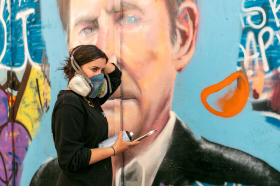 Caoilfhionn Hanton, 'I didn't float up the Lagan in a bubble' WIP, 2020, spraypaint; photograph by Ian Humes courtesy the artist and Hit the North festival with Seedhead Arts, Belfast.