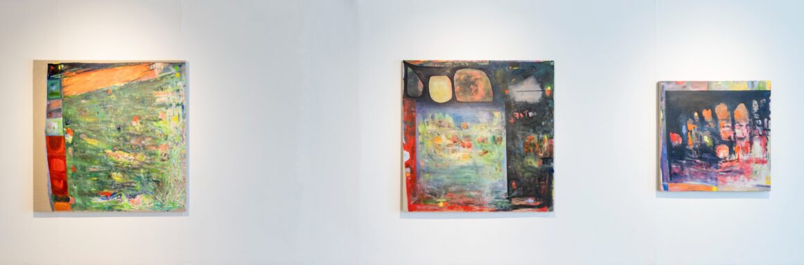 Hannah Ní Mhaonaigh, (L-R): Fiadh, 2024, oil on linen, 150x150cm; The stars align, 2024, oil on linen, 150x150cm; Flowers by a window, 2024, oil on linen, 110x110cm; photograph by Louis Haugh, courtesy of the artist and Mermaid Arts Centre.