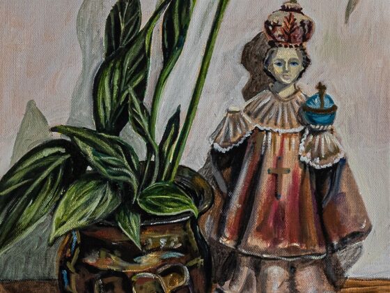Peace lily and child of prague with severed hand mary fahy 2025 oil on canvas 30x40cm