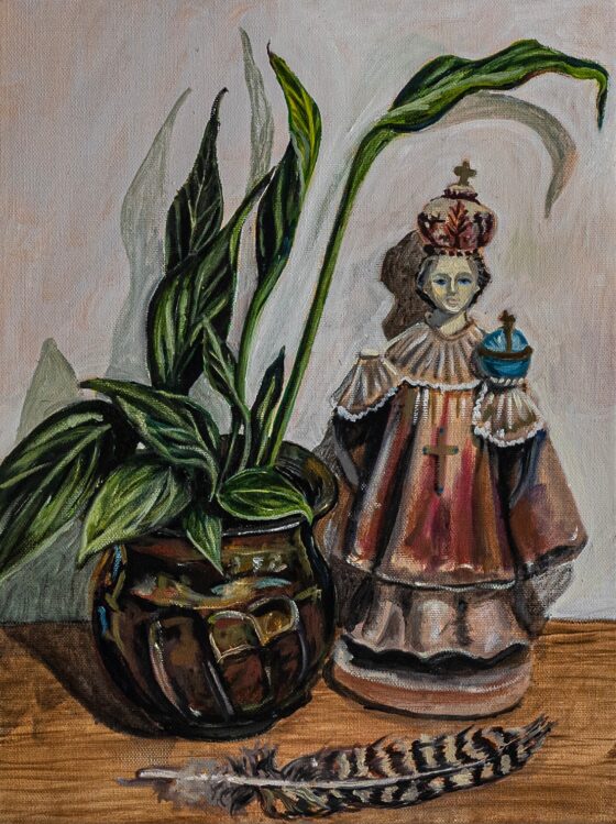 Peace lily and child of prague with severed hand mary fahy 2025 oil on canvas 30x40cm