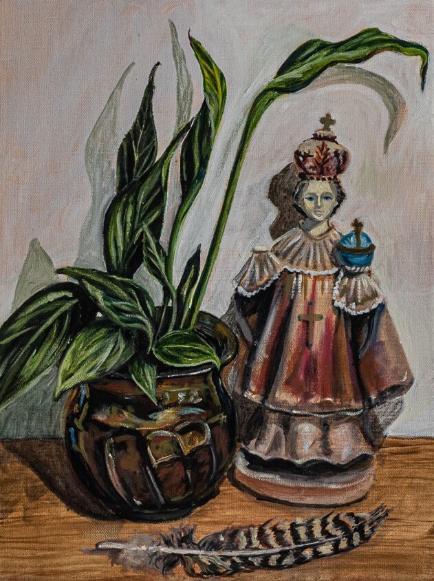 Peace lily and child of prague with severed hand mary fahy 2025 oil on canvas 30x40cm