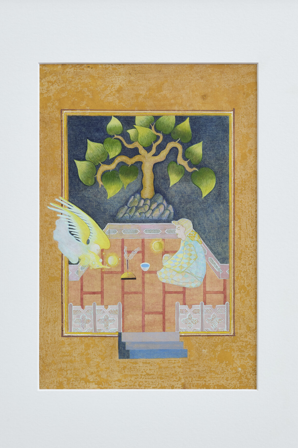 Samir mahmood, the exam, 2021, tea wash, gouache, pigments on wasli, uf 31 x 21 f 56.2 x 39, €2400, photo credit simon mills