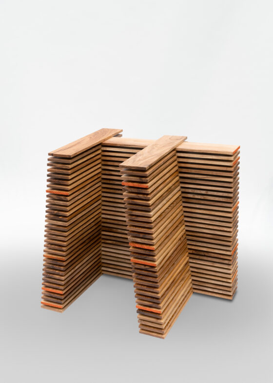 Corban Walker, Untitled (RESIST), 2025, ash wood and tung oil, 76.8 x 66 x 53.5 cm, photo credit Roland Paschhoff